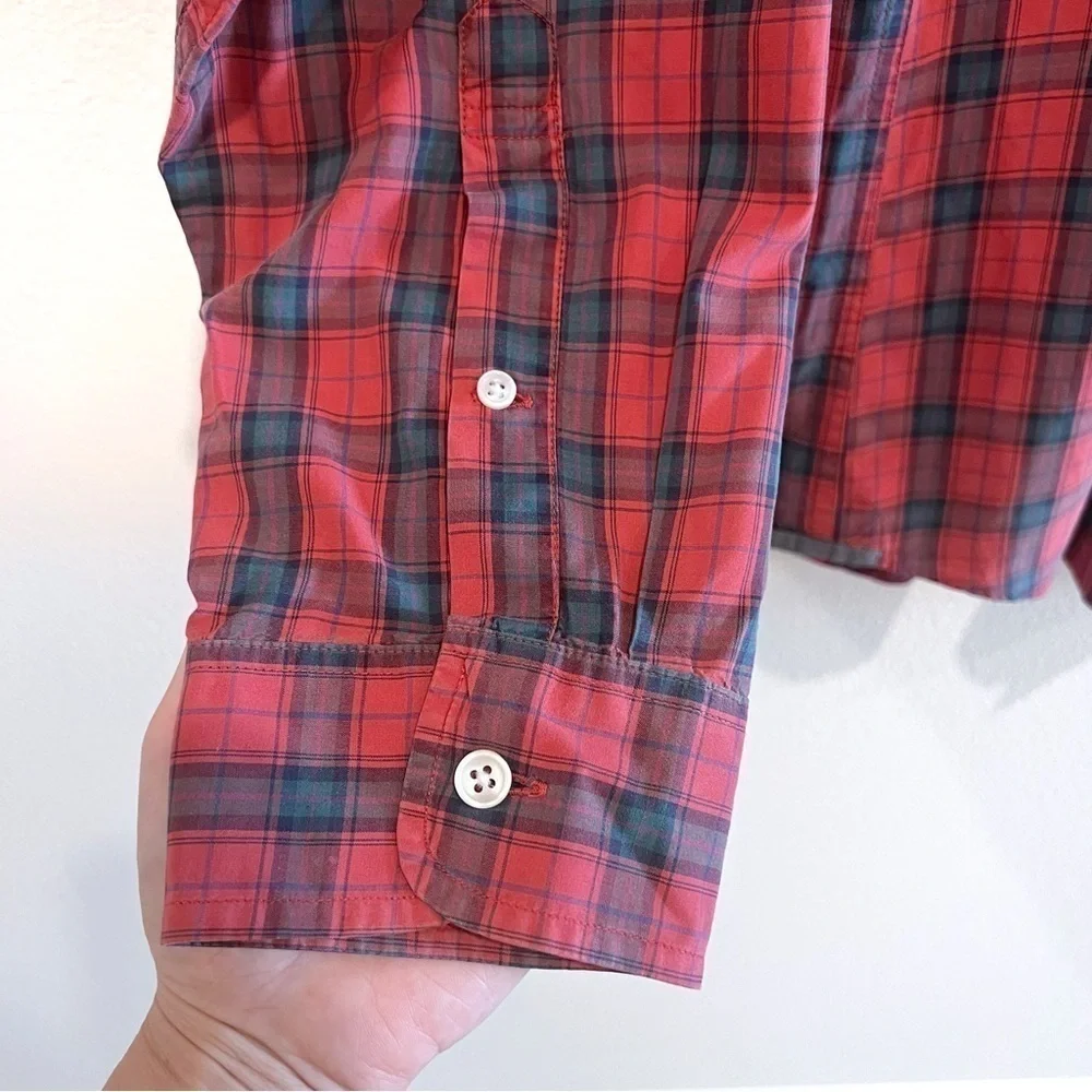 J. Crew Mens Long Sleeve Button-Down Shirt Green Red Plaid 100% Cotton Size L
